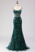 Sparkly Dark Green Corset Mermaid Maxi Prom Dress
