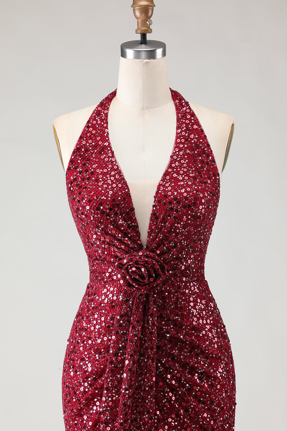 Sparkly Burgundy Halter Mermaid Prom Dress With Slit