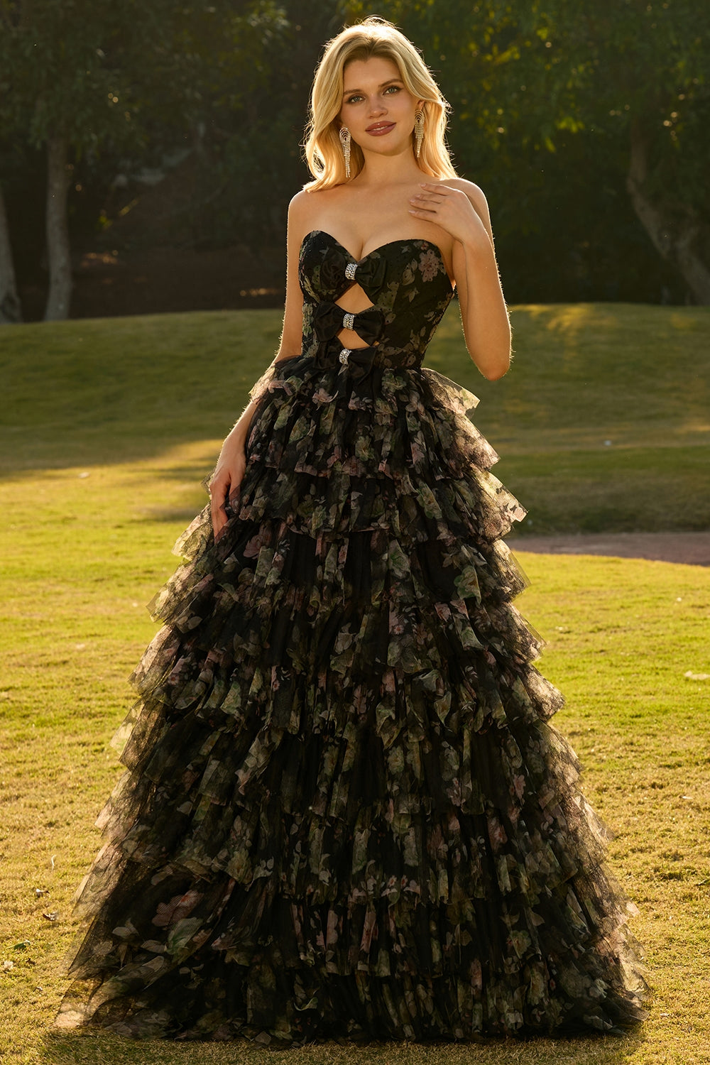 Pink Floral Strapless Tiered Cut Out Bowed Prom Dress