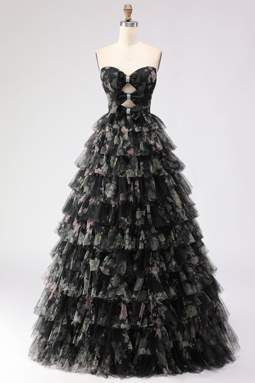Black Floral Strapless Tiered Cut Out Prom Dress with Bows