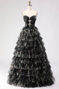 Strapless Tiered Black Floral Cut Out Prom Dress with Bows