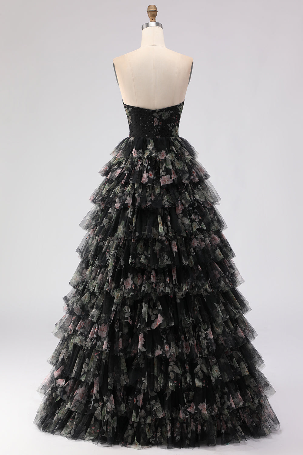 Black Floral Strapless Tiered Cut Out Prom Dress with Bows