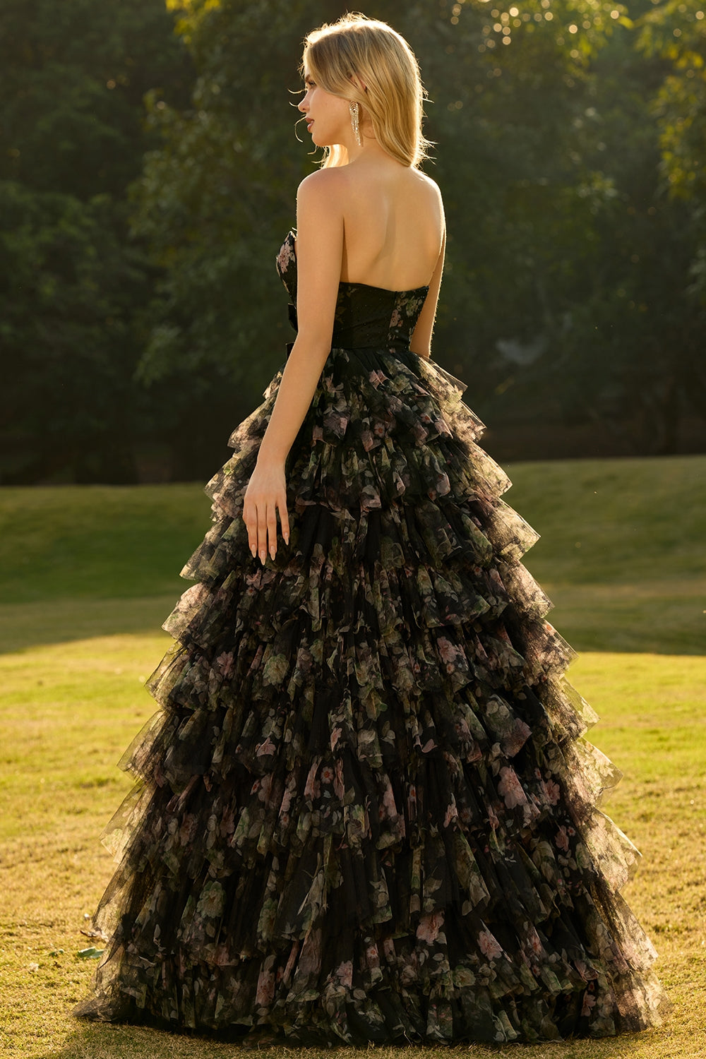 Pink Floral Strapless Tiered Cut Out Bowed Prom Dress
