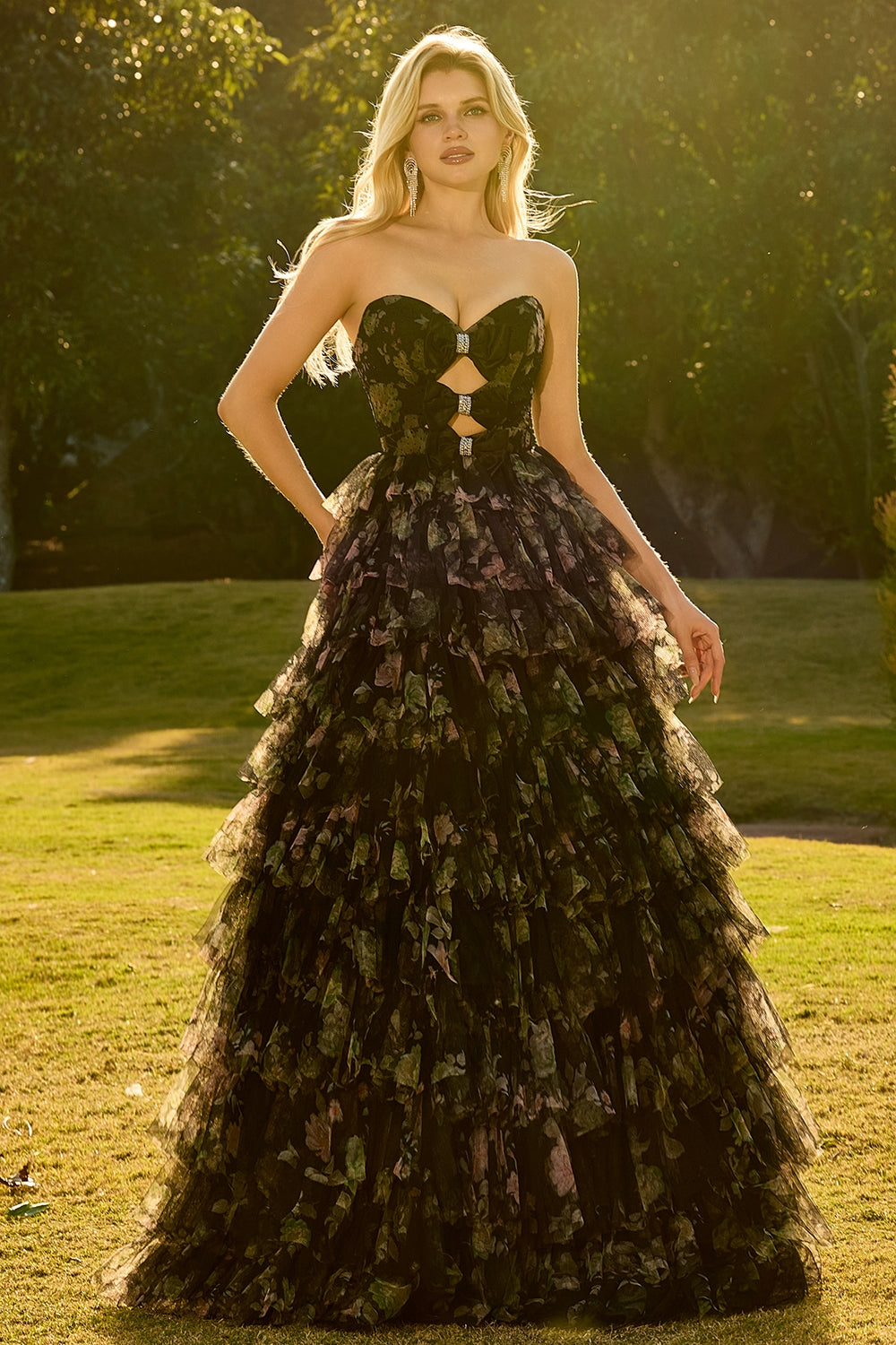 Black Floral Strapless Tiered Cut Out Prom Dress with Bows