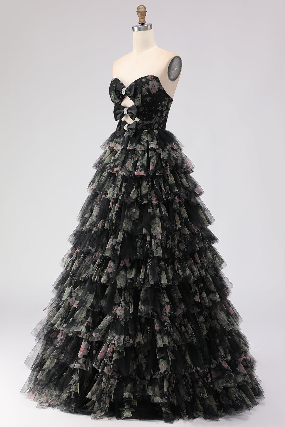 Strapless Tiered Black Floral Cut Out Prom Dress with Bows