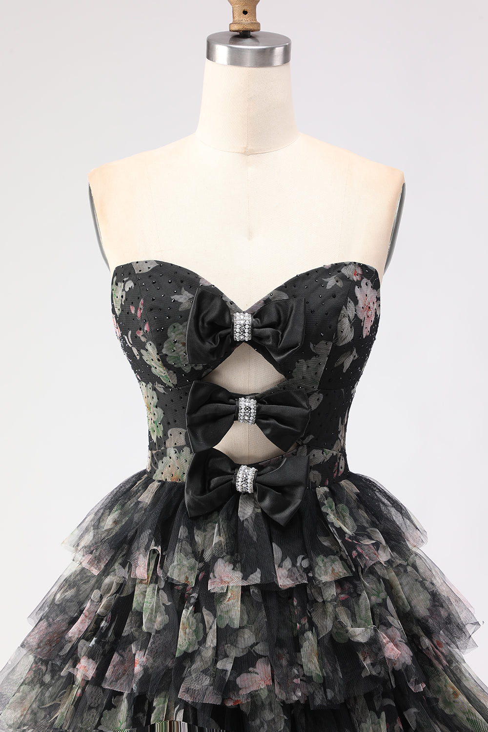 Strapless Tiered Pink Floral Cut Out Bowed Prom Dress