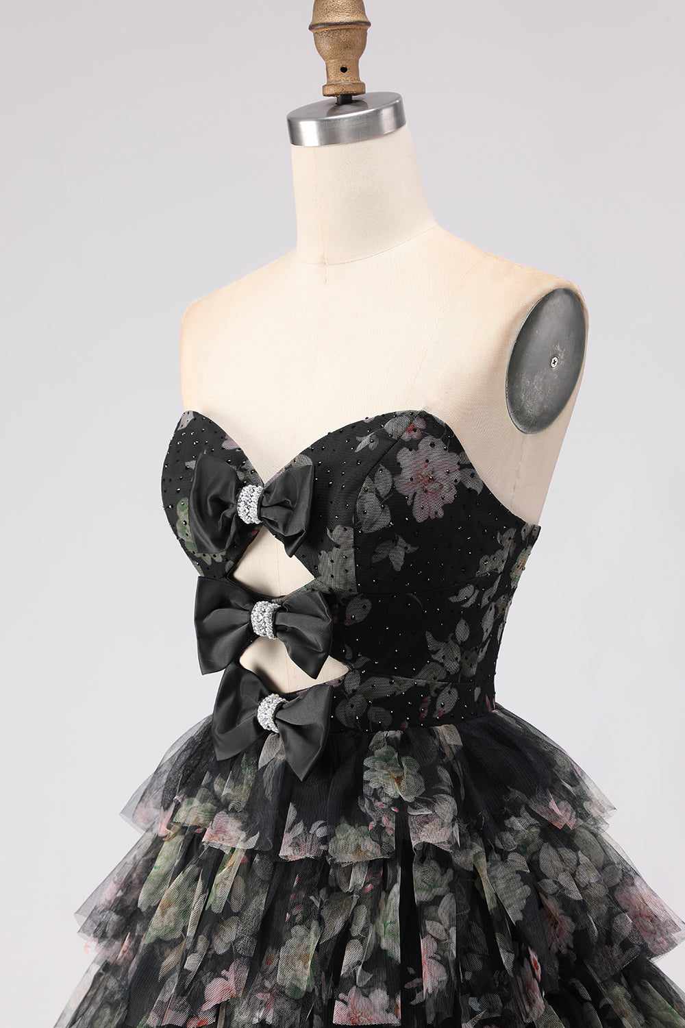 Strapless Tiered Black Floral Cut Out Prom Dress with Bows