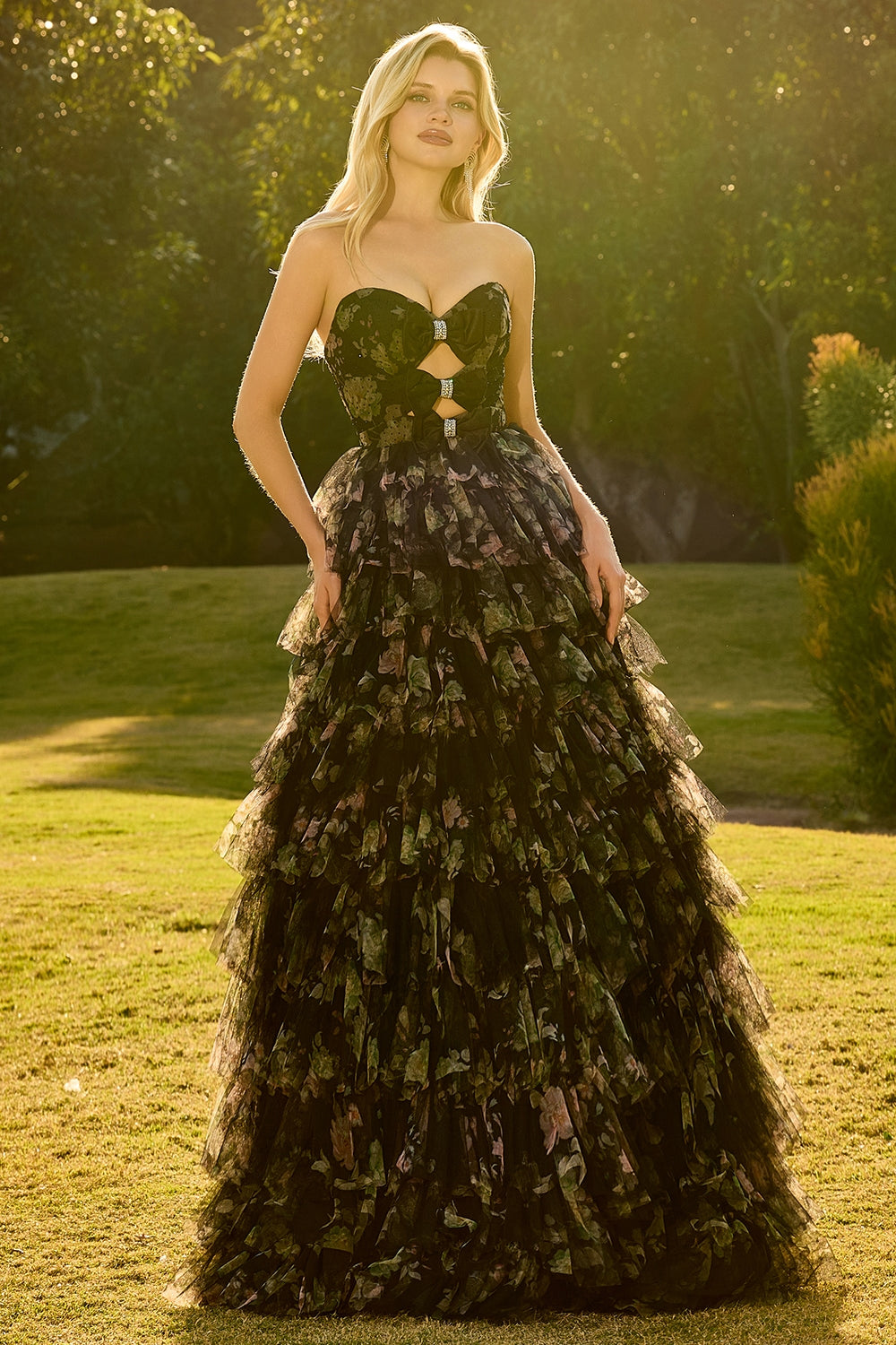 Black Floral Strapless Tiered Cut Out Prom Dress with Bows