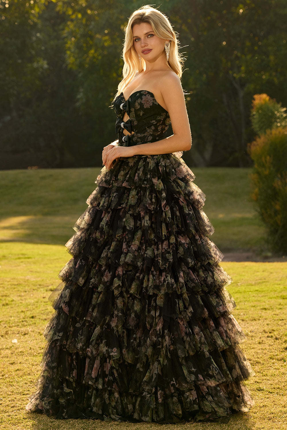 Pink Floral Strapless Tiered Cut Out Bowed Prom Dress