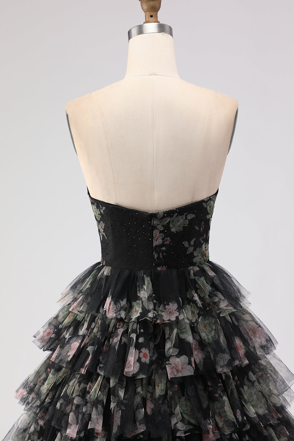 Strapless Tiered Black Floral Cut Out Prom Dress with Bows