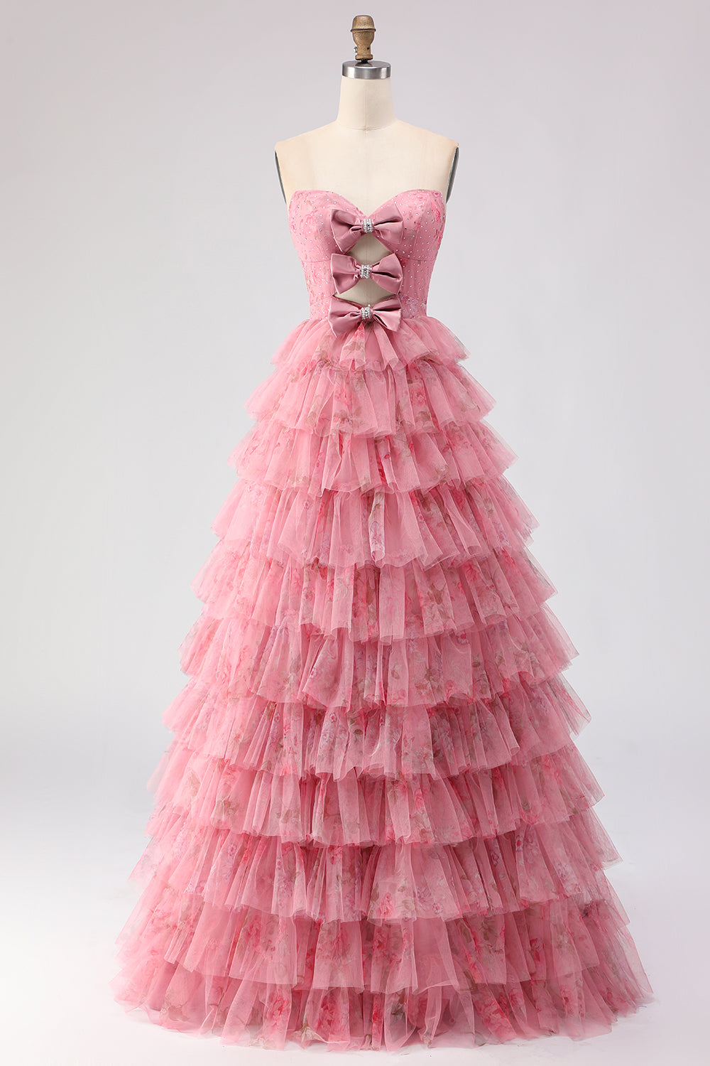 Pink Floral Strapless Tiered Cut Out Bowed Prom Dress