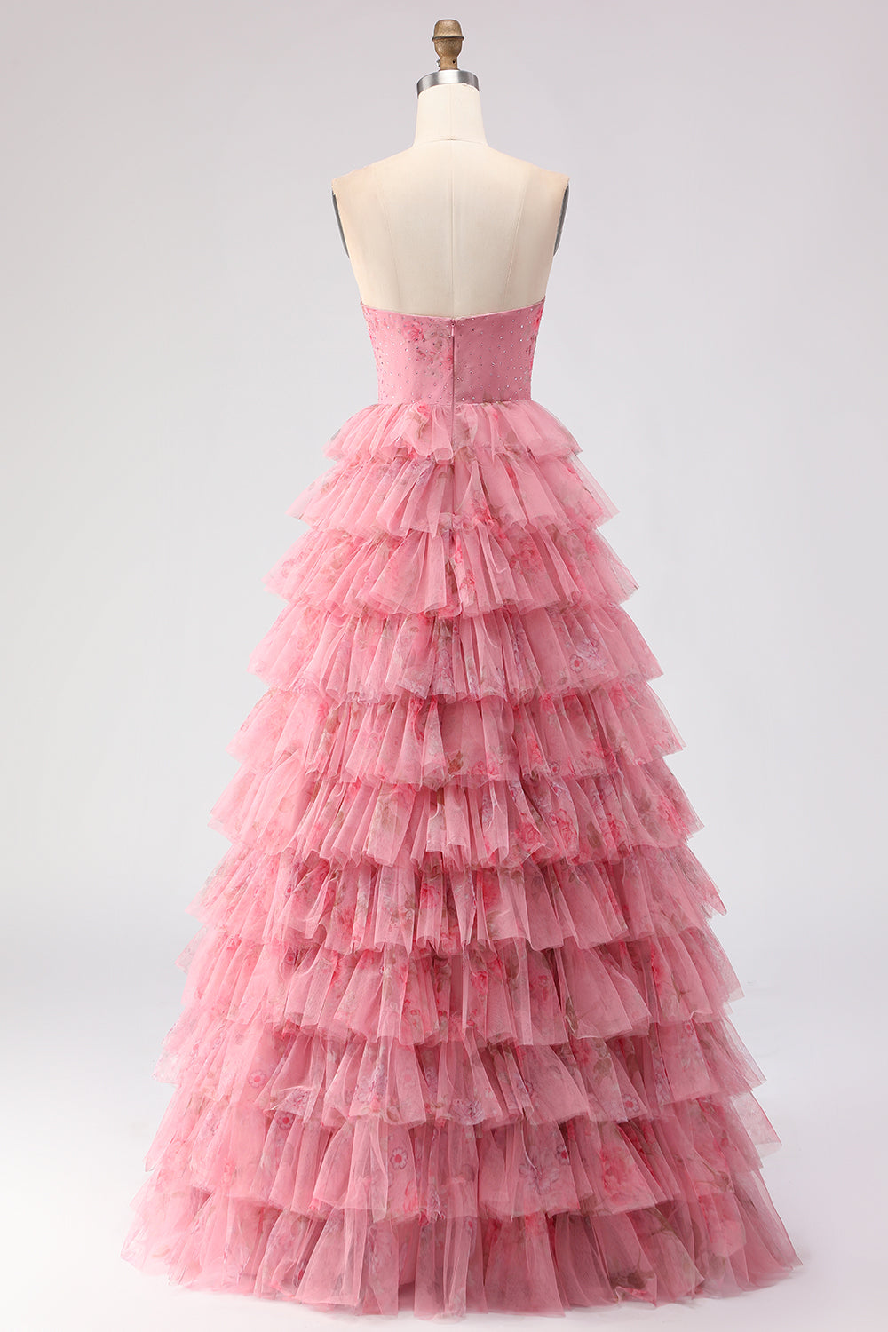 Pink Floral Strapless Tiered Cut Out Bowed Prom Dress