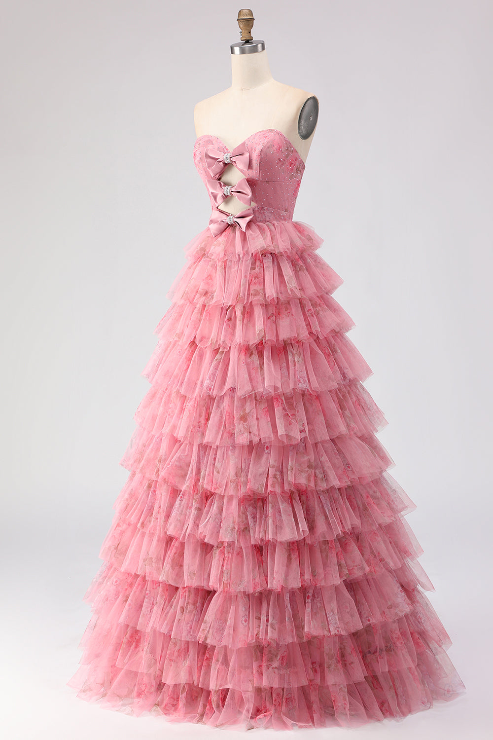Strapless Tiered Pink Floral Cut Out Bowed Prom Dress