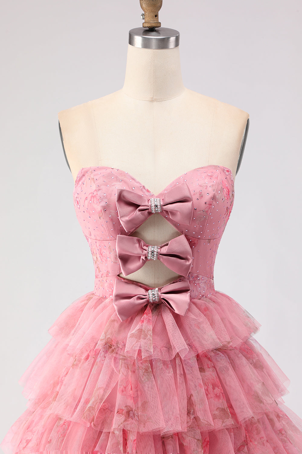 Strapless Tiered Black Floral Cut Out Prom Dress with Bows
