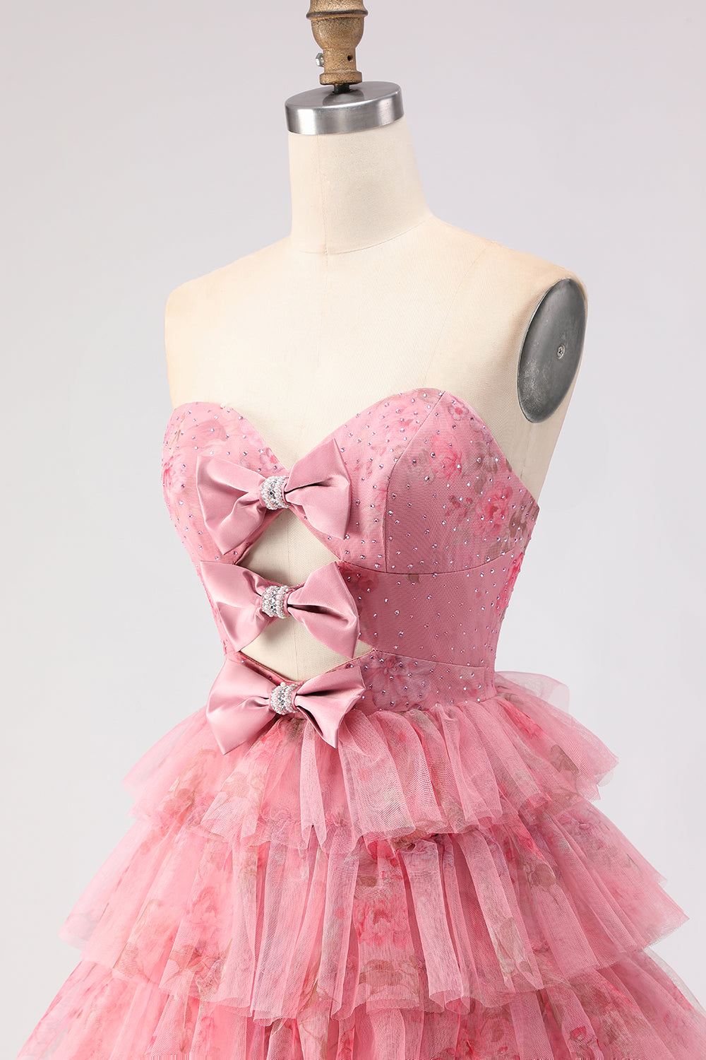 Strapless Tiered Black Floral Cut Out Prom Dress with Bows