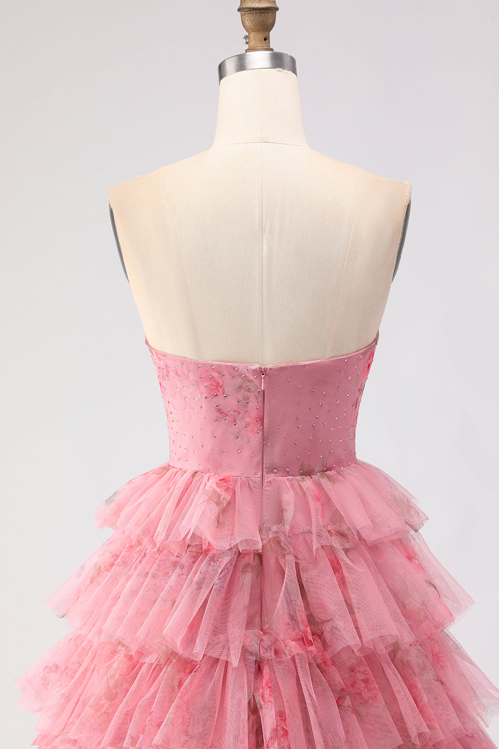 Strapless Tiered Black Floral Cut Out Prom Dress with Bows