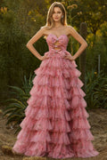 Pink Floral Strapless Tiered Cut Out Bowed Prom Dress