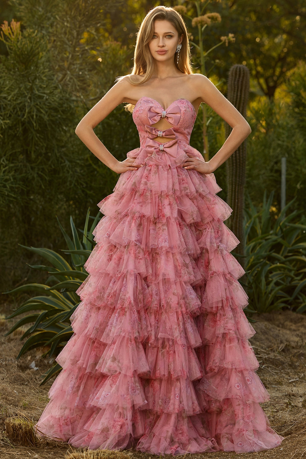 Pink Floral Strapless Tiered Cut Out Bowed Prom Dress
