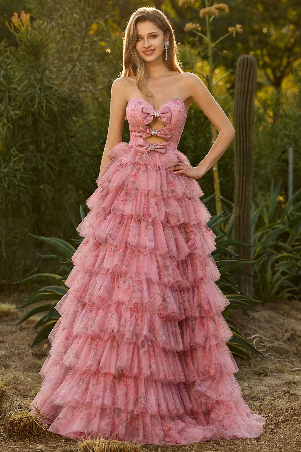 Pink Floral Strapless Tiered Cut Out Bowed Prom Dress
