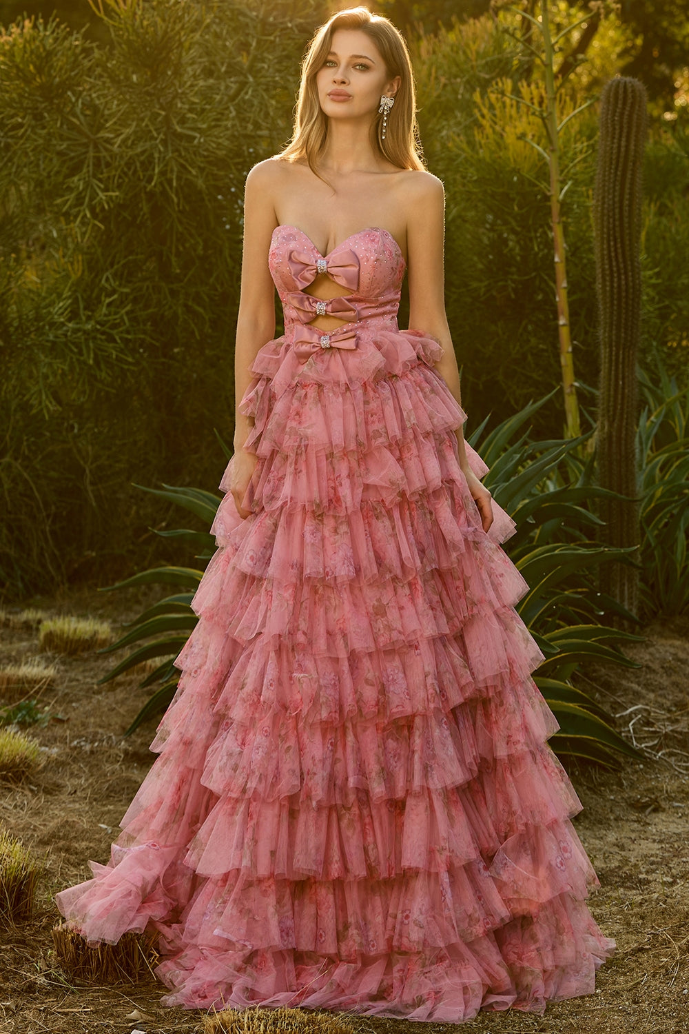 Pink Floral Strapless Tiered Cut Out Bowed Prom Dress