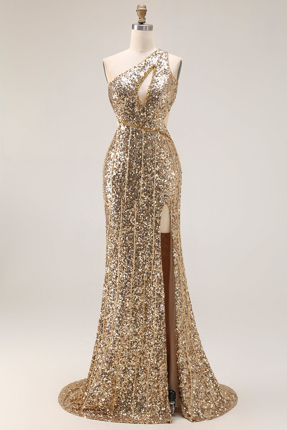 Sparkly One Shoulder Golden Cut Out Prom Dress with Slit