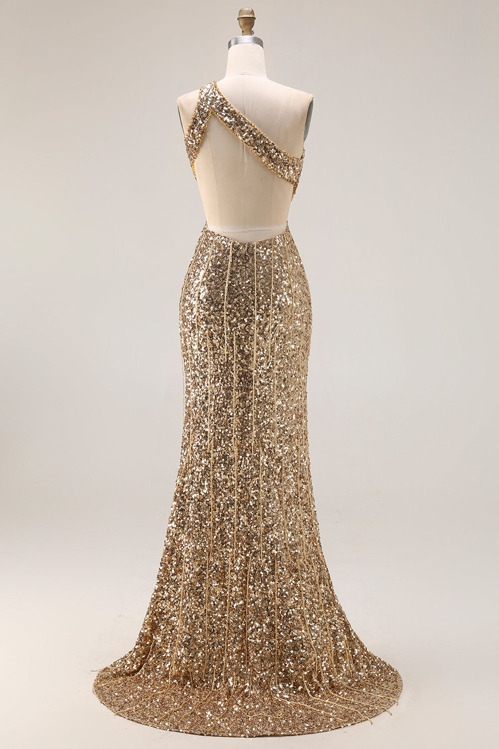 Sparkly One Shoulder Golden Cut Out Prom Dress with Slit