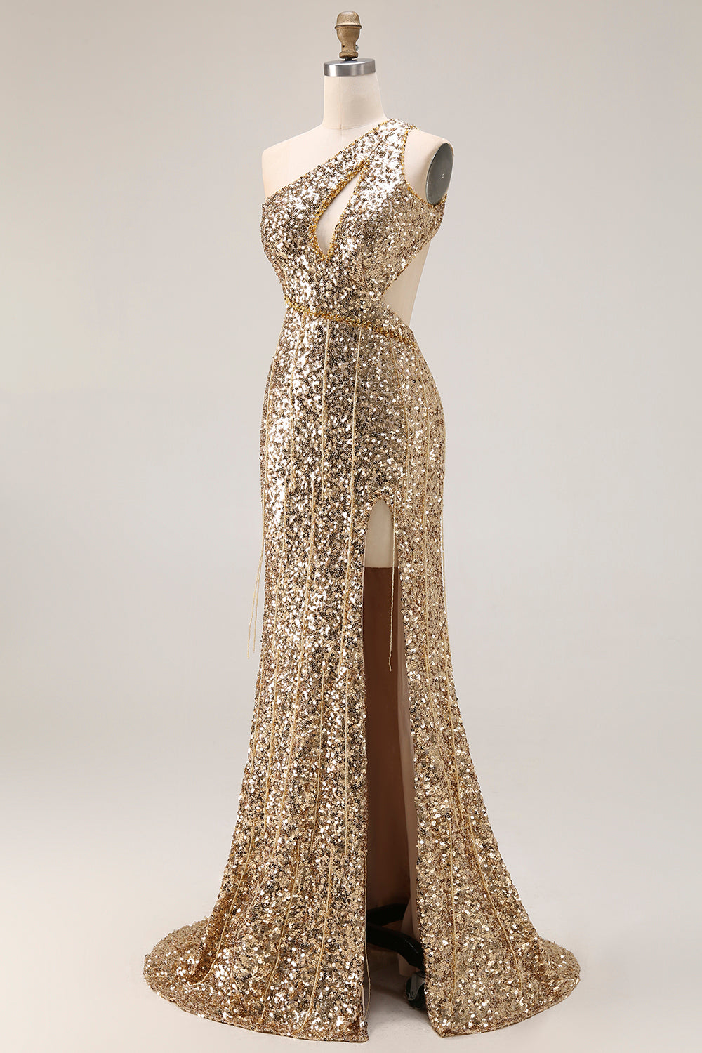 Sparkly Golden Mermaid Cut Out One Shoulder Prom Dress