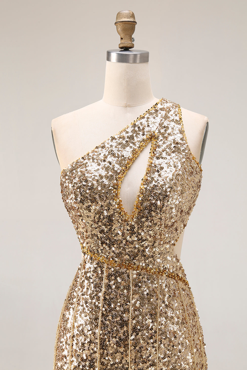 Sparkly Golden Mermaid Cut Out One Shoulder Prom Dress