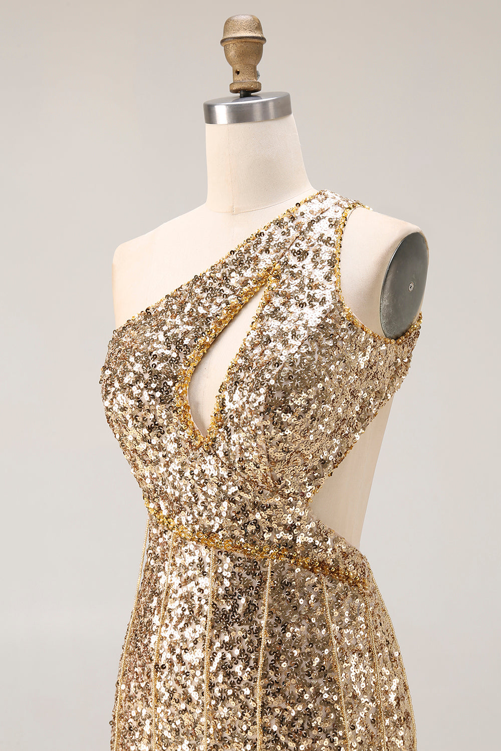 Sparkly Golden Mermaid Cut Out One Shoulder Prom Dress