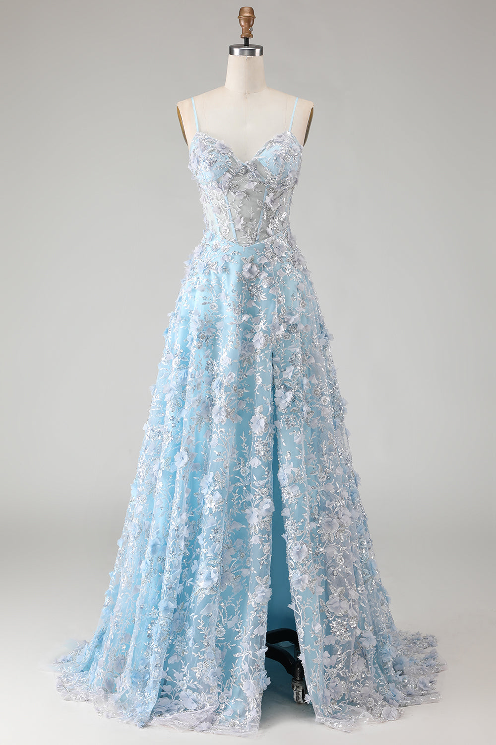 Blue A-Line Appliqued Spaghetti Straps Prom Dress With Slit