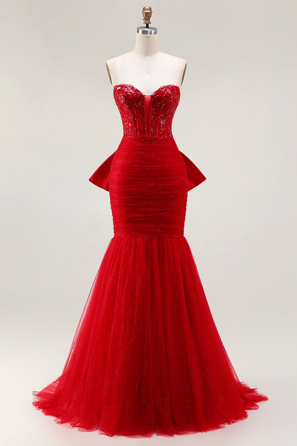 Glitter Strapless Red Mermaid Corset Prom Dress With Bow