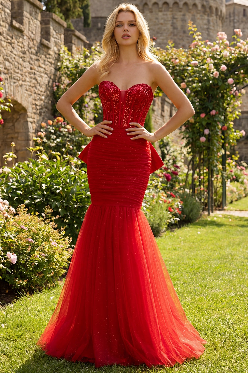 Glitter Strapless Red Mermaid Corset Prom Dress With Bow