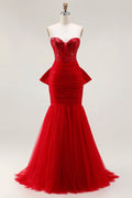 Glitter Red Mermaid Sweetheart Corset Prom Dress With Bow