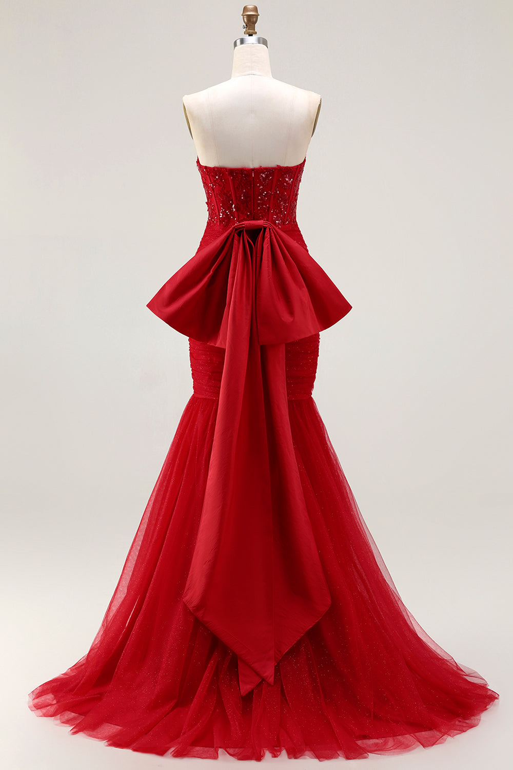 Glitter Strapless Red Mermaid Corset Prom Dress With Bow