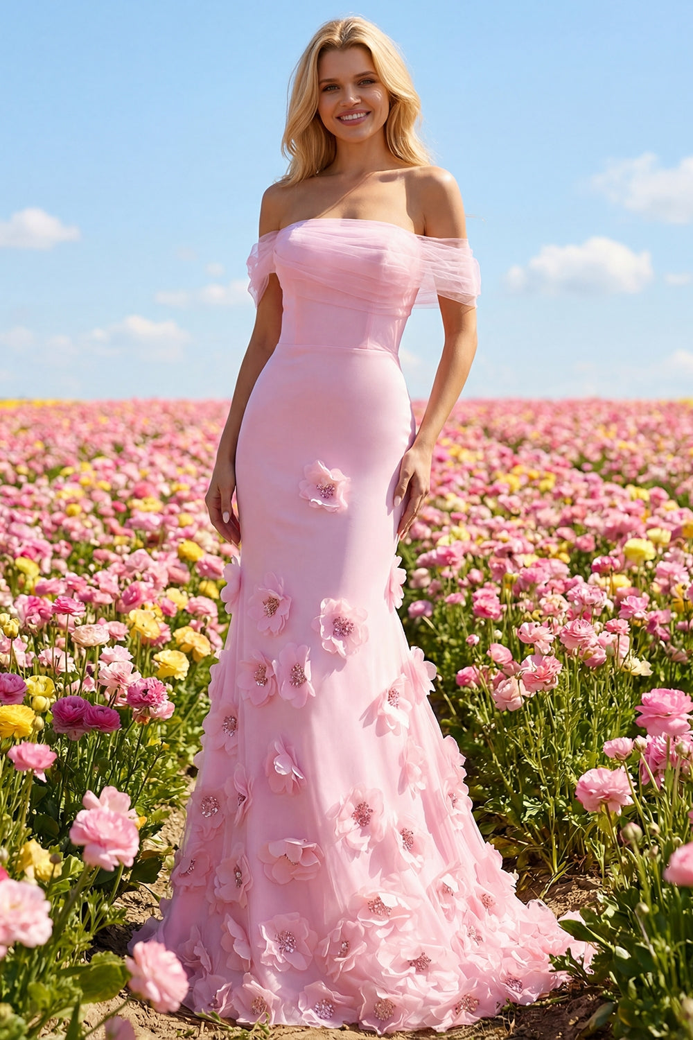 Pink Off the Shoulder Mermaid Prom Dress with Appliques