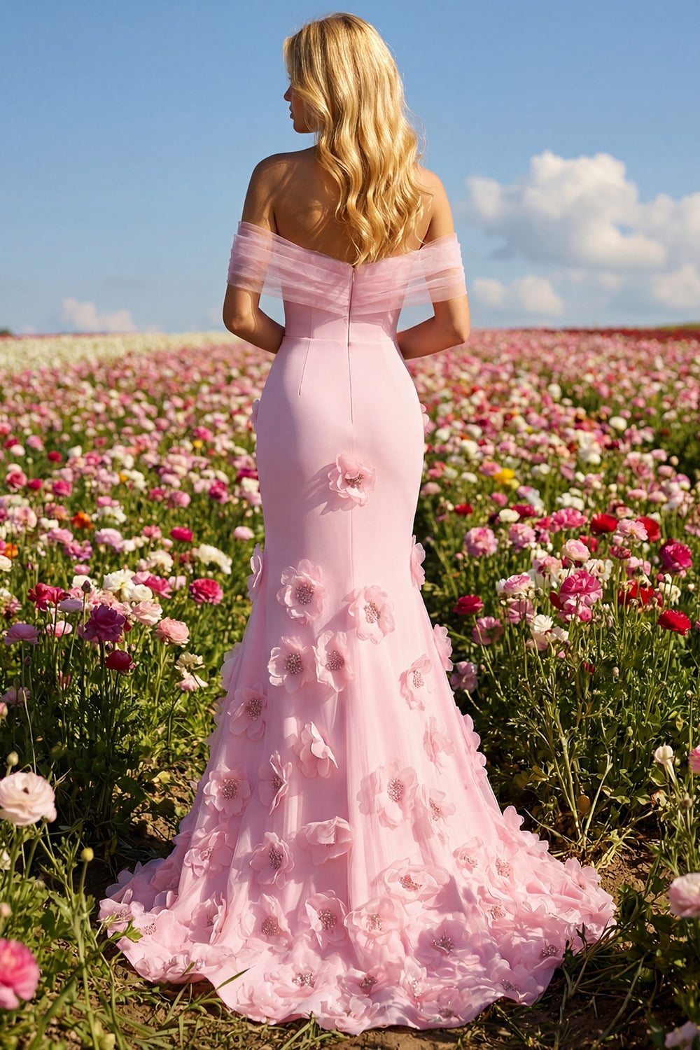 Pink Off the Shoulder Mermaid Prom Dress with Appliques