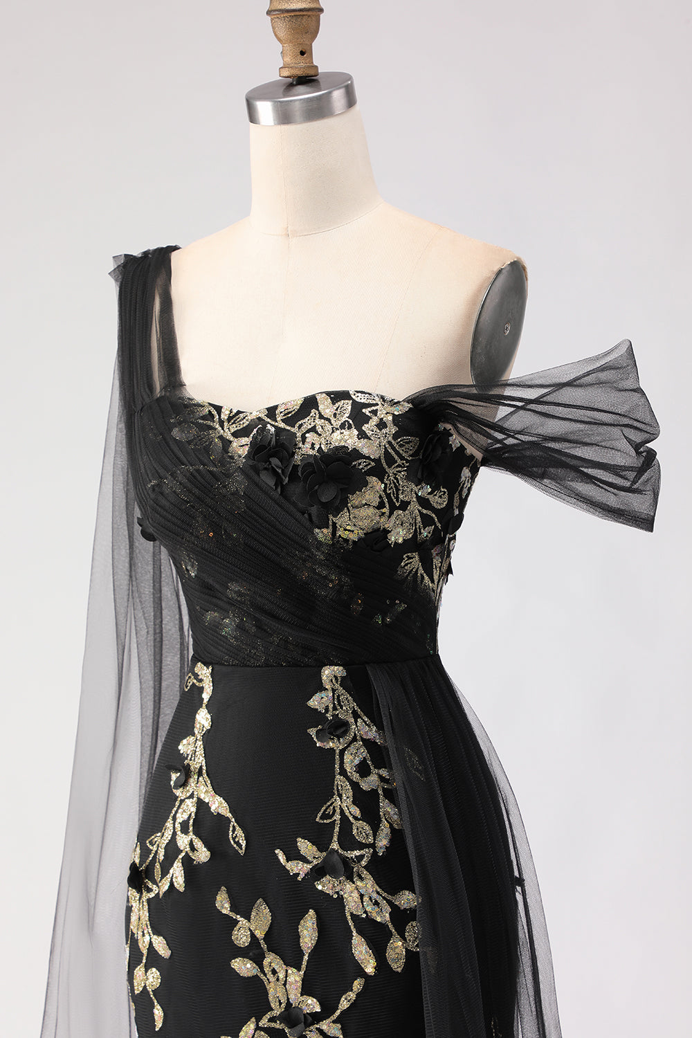 Mermaid Black Golden Sequin Asymmetrical Neck Prom Dress