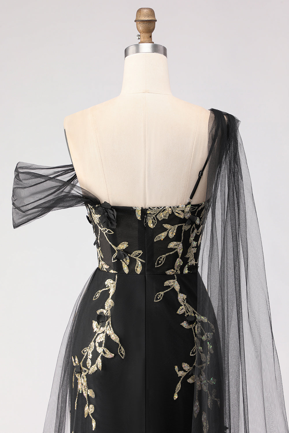 Mermaid Black Golden Sequin Asymmetrical Neck Prom Dress