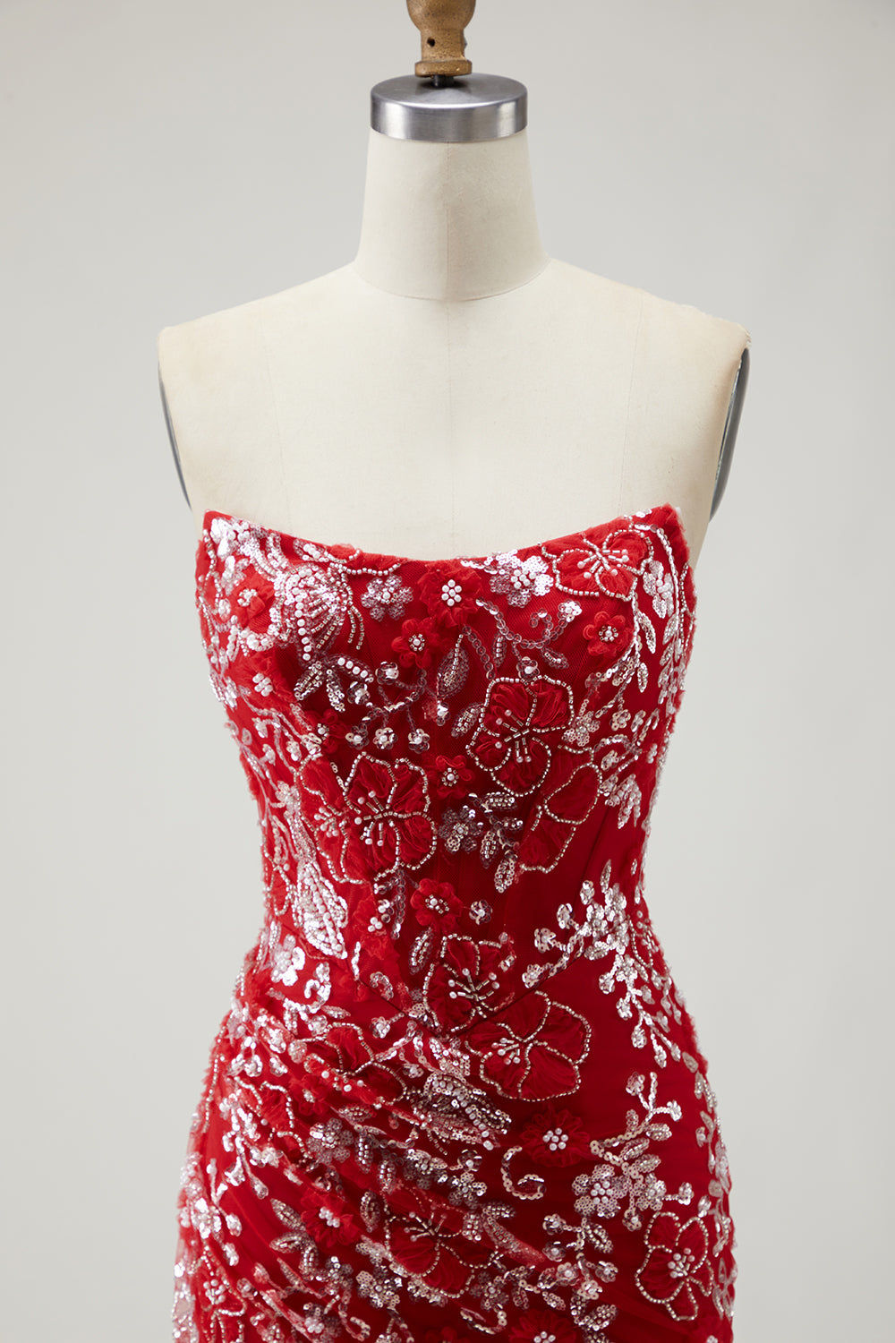 Red Strapless Mermaid Beaded Prom Dress With Slit