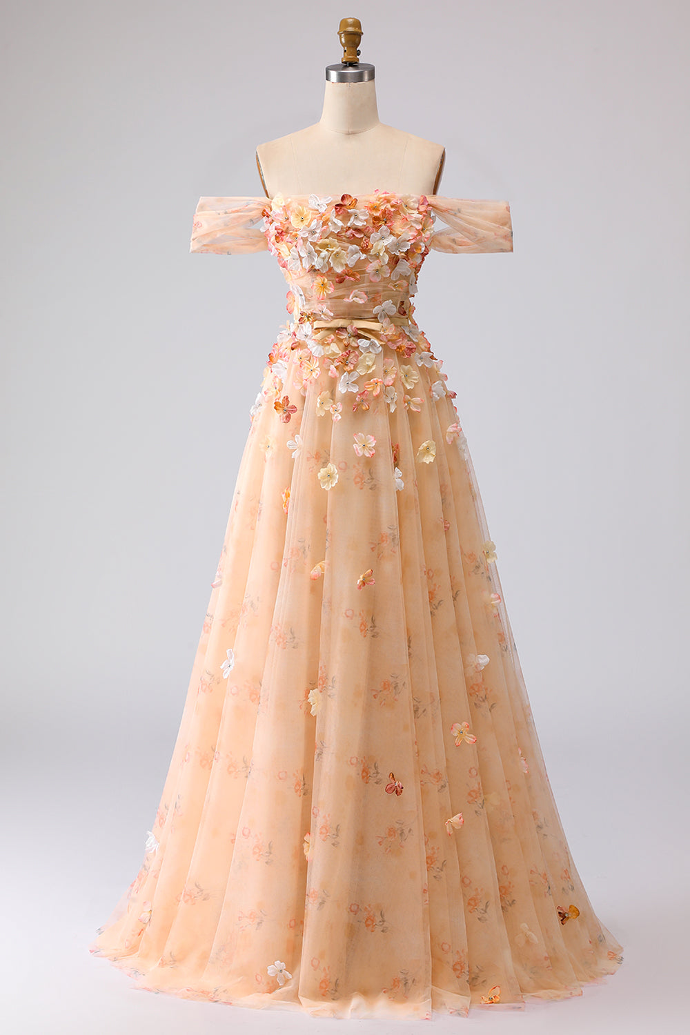 Off the Shoulder Floral Appliqued Green A Line Prom Dress