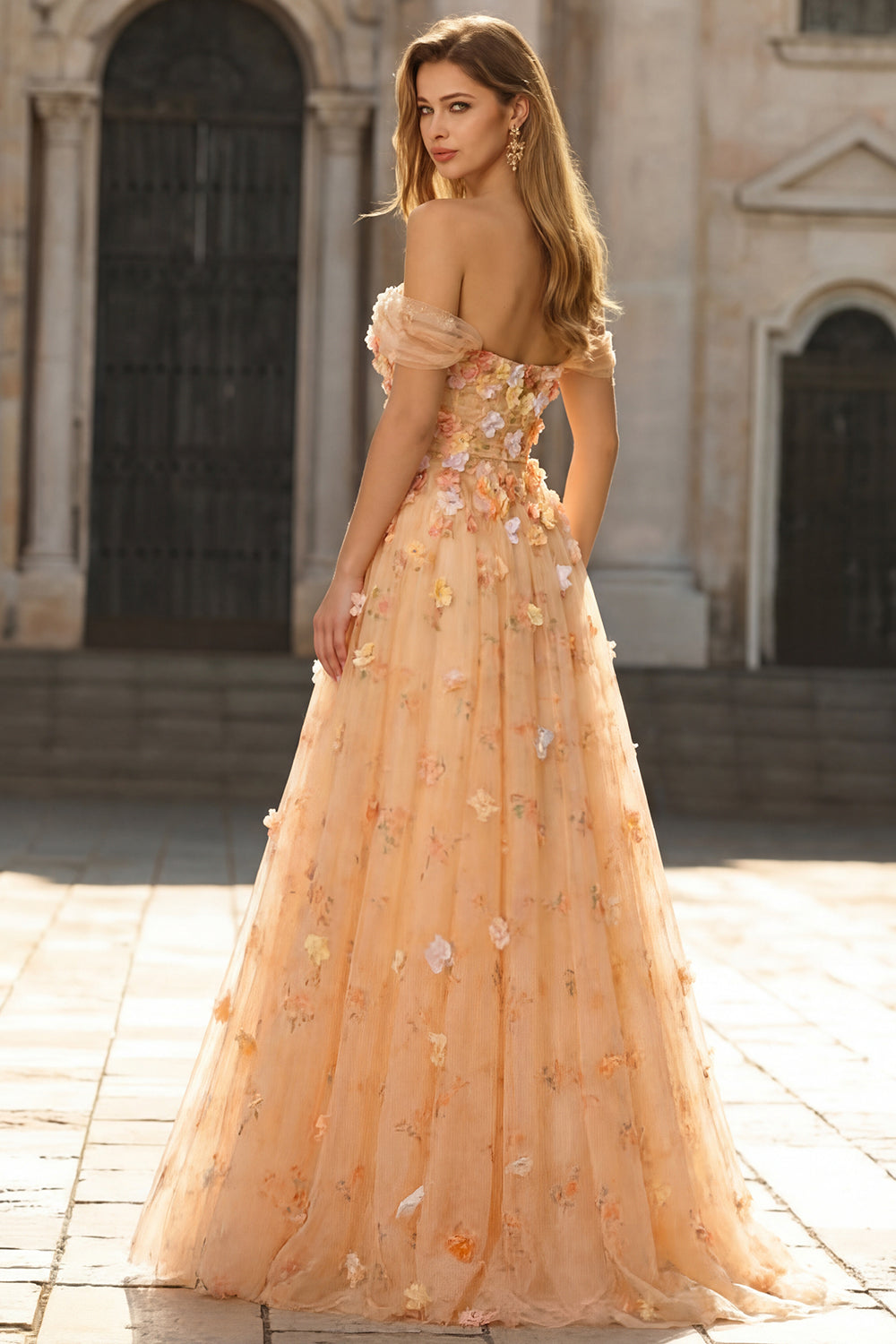 Off the Shoulder Appliqued Champagne A Line Prom Dress