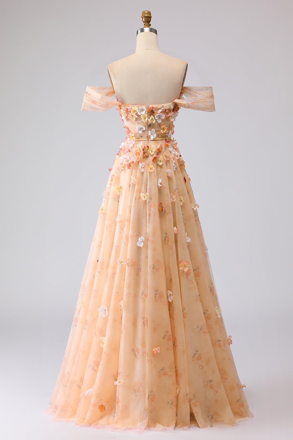 Off the Shoulder Appliqued Champagne A Line Prom Dress