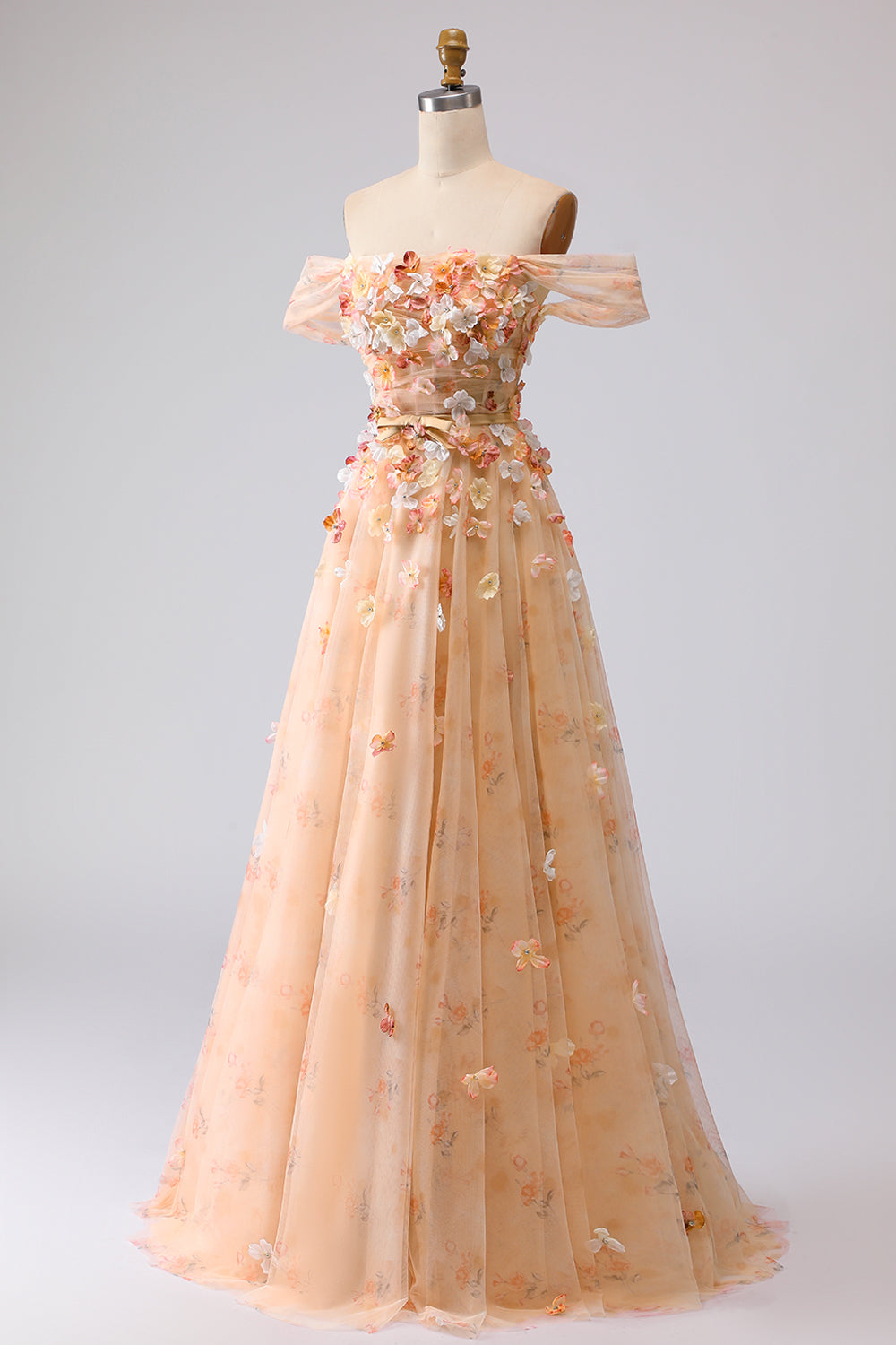 Off the Shoulder Appliqued Champagne A Line Prom Dress
