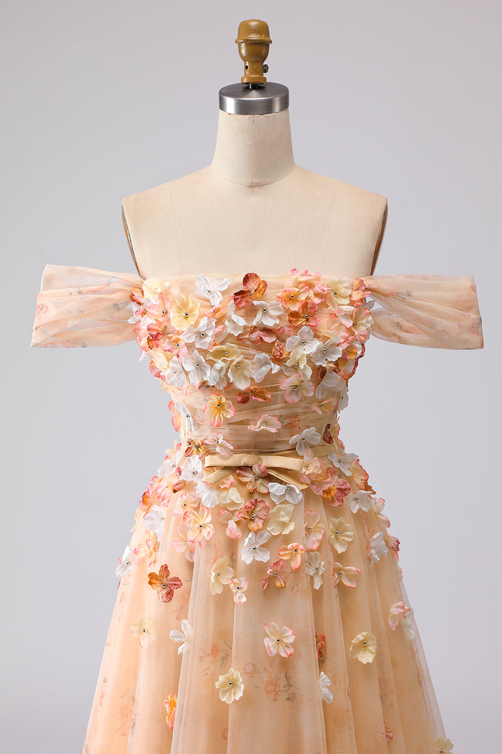 Off the Shoulder Appliqued Green Floral A Line Prom Dress