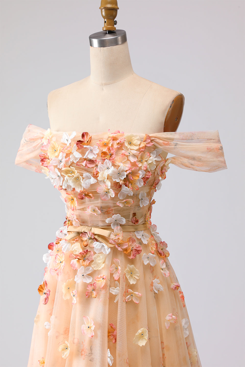 Off the Shoulder Appliqued Champagne A Line Prom Dress