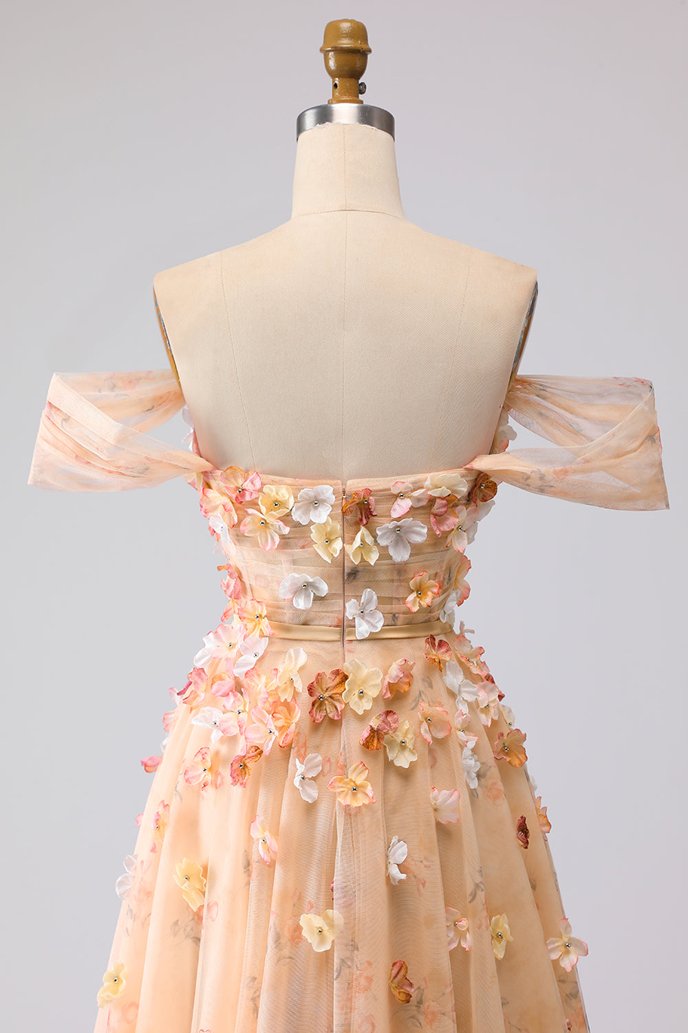Off the Shoulder Appliqued Green Floral A Line Prom Dress