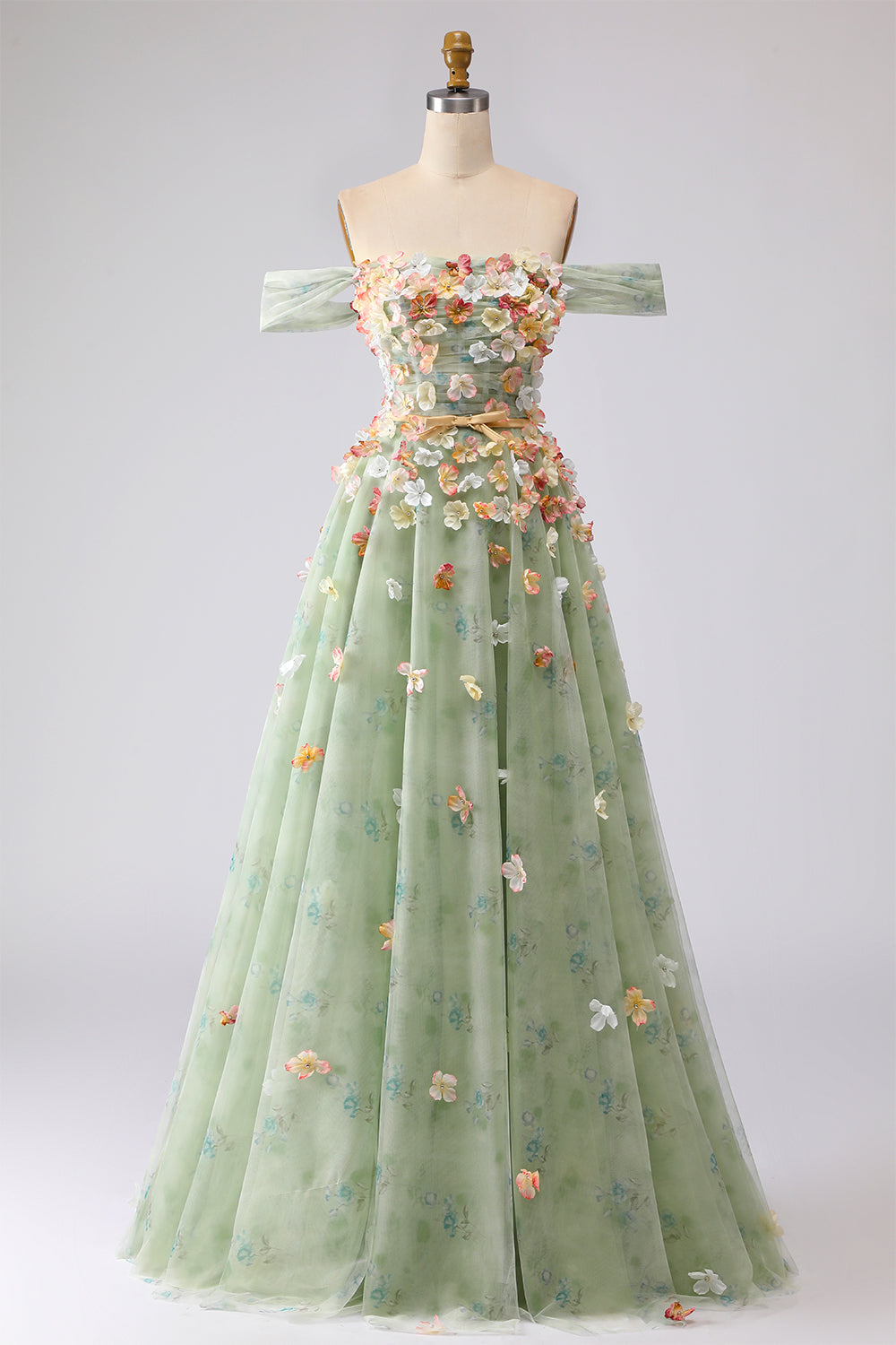 Off the Shoulder Floral Appliqued Green A Line Prom Dress