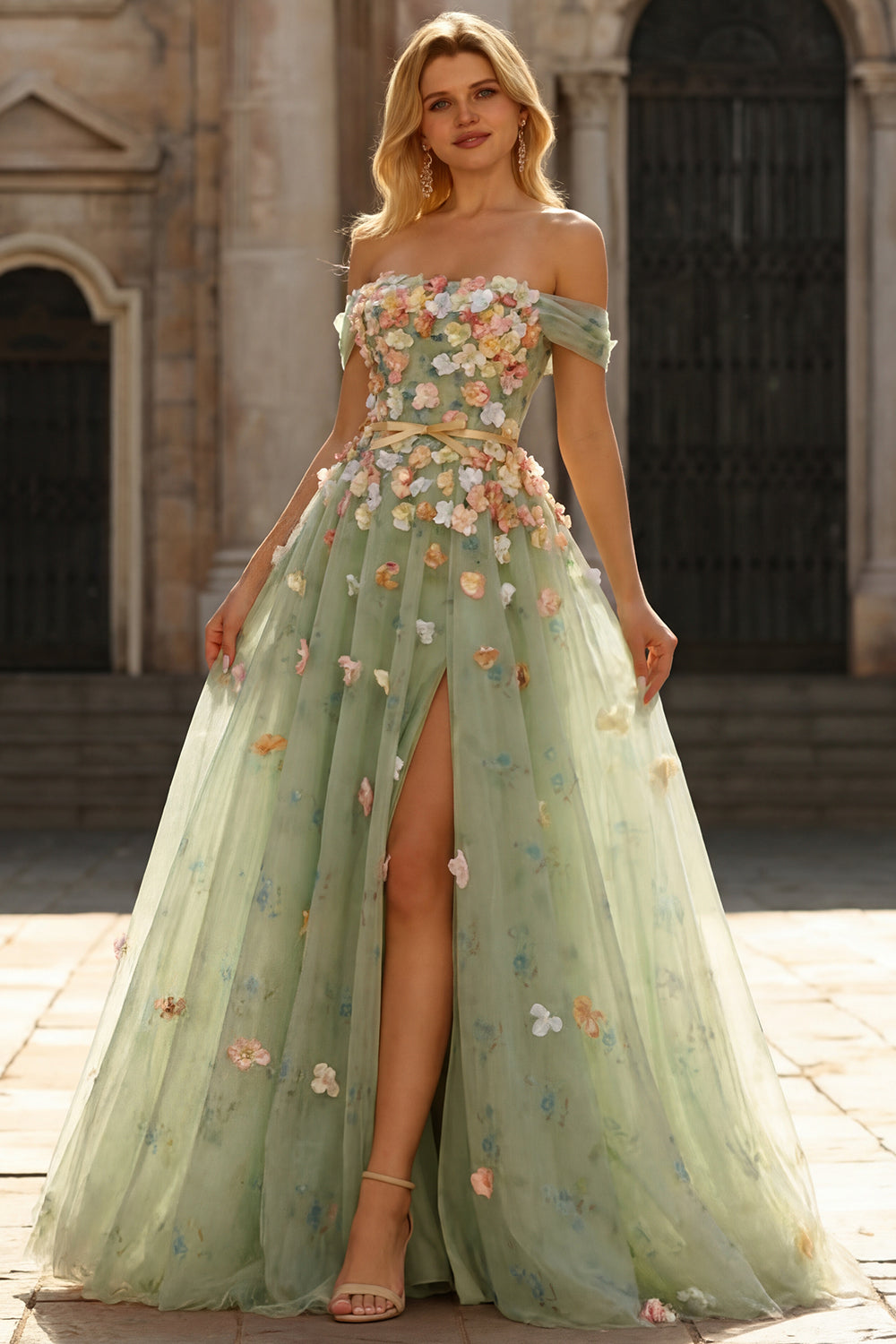 Off the Shoulder Floral Appliqued Green A Line Prom Dress