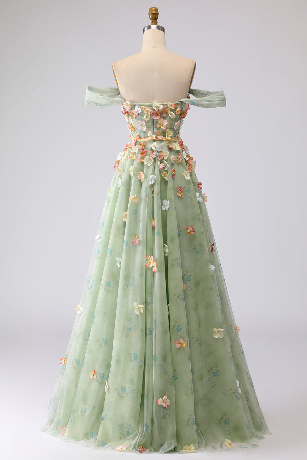 Off the Shoulder Floral Appliqued Green A Line Prom Dress