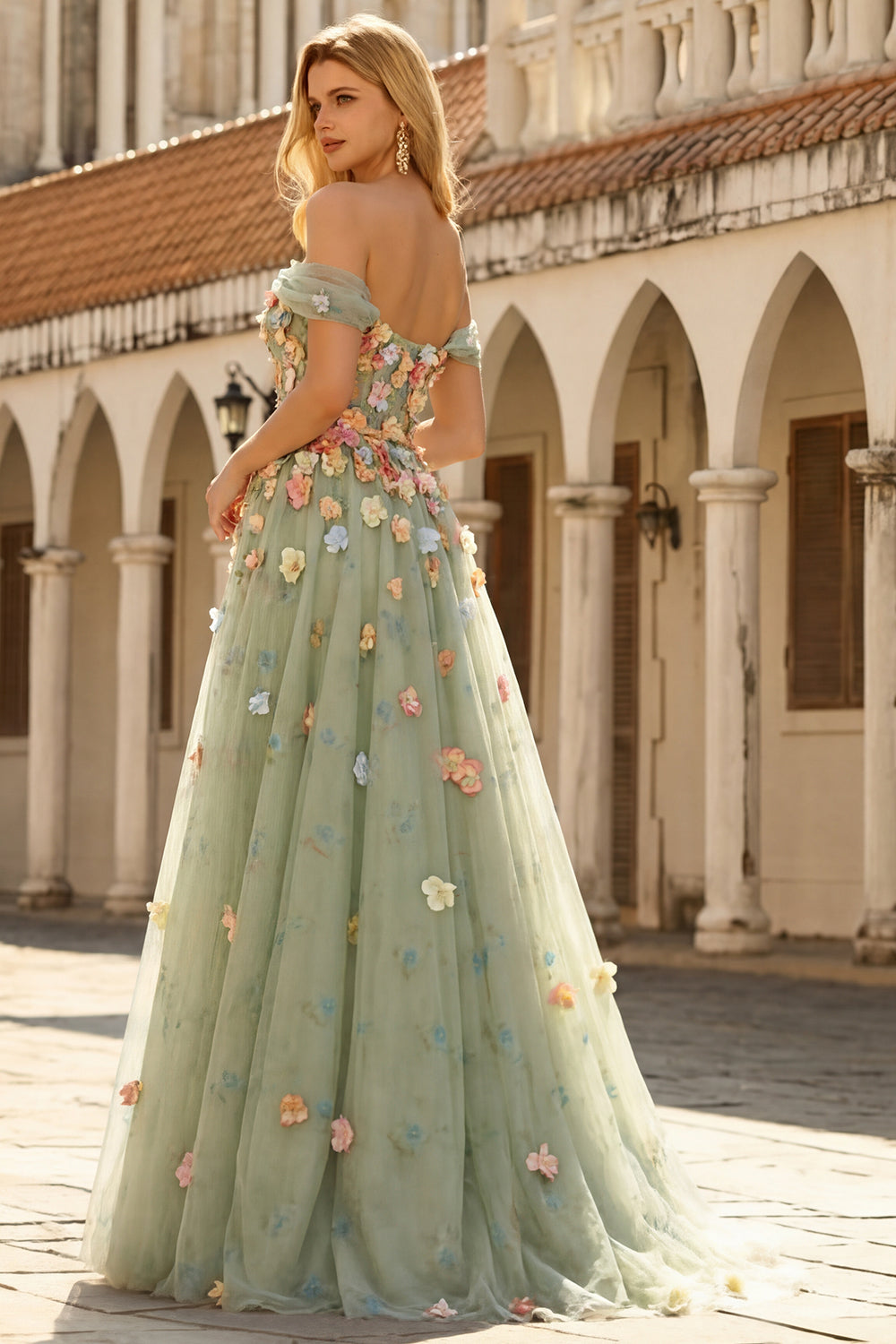 Off the Shoulder Appliqued Green Floral A Line Prom Dress